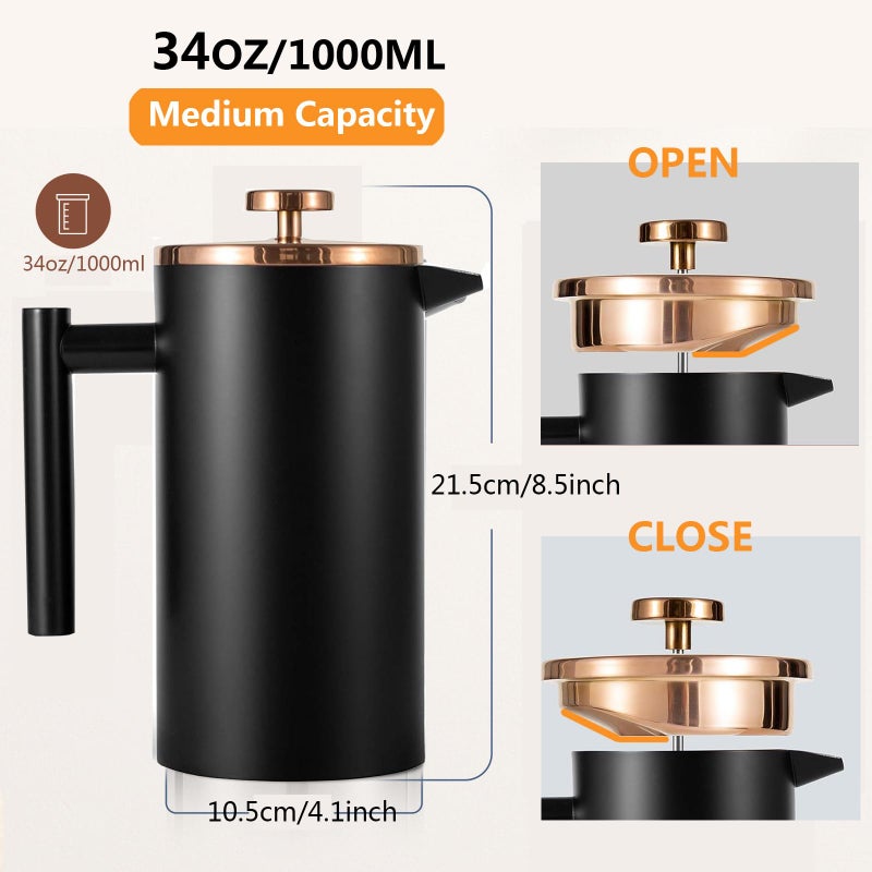 Meelio Black French Press Stainless Steel 34oz, Double Wall Insulated Coffee Press 1L for travel camping with 2 Extra Filter Screens and 1 Coffee Spoonï¼ˆ8cup 1000mlï¼‰ - Image 2